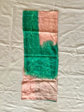 Vintage Mid Century Modern Japanese Rayon Georgette Scarf Green & Pink/Peach